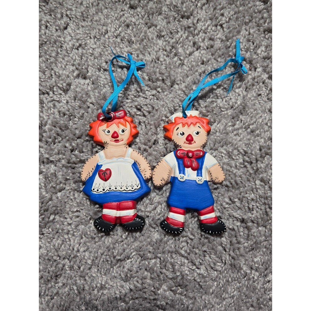 Raggedy Ann and Andy Ceramic Hand Painted Christmas Ornaments Blue Red 3.5"